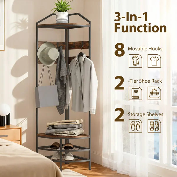 HOMCOM Corner Hall Tree, Industrial 4-Tier Coat Rack with Shoe Storage, 8 Movable Hooks and 2 Shelves for Hallway, Rustic Brown - product image 4