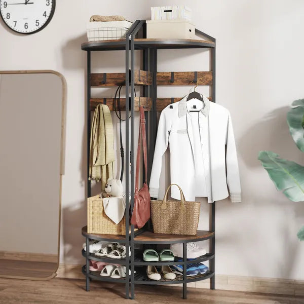 HOMCOM Corner Hall Tree, Industrial 4-Tier Coat Rack with Shoe Storage, 8 Movable Hooks and 2 Shelves for Hallway, Rustic Brown - product image 8