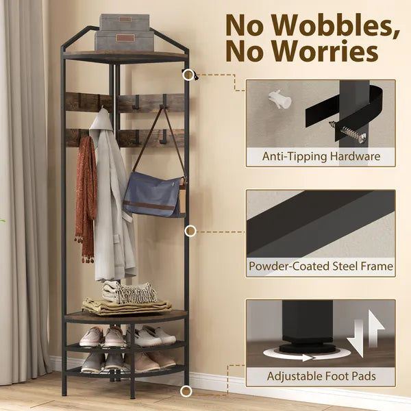 HOMCOM Corner Hall Tree, Industrial 4-Tier Coat Rack with Shoe Storage, 8 Movable Hooks and 2 Shelves for Hallway, Rustic Brown - product image 6
