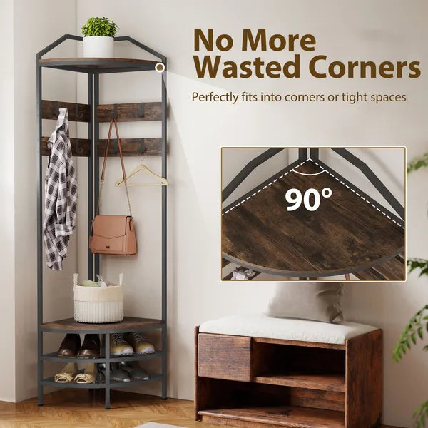 HOMCOM Corner Hall Tree, Industrial 4-Tier Coat Rack with Shoe Storage, 8 Movable Hooks and 2 Shelves for Hallway, Rustic Brown - product image 5