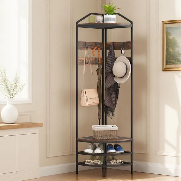 HOMCOM Corner Hall Tree, Industrial 4-Tier Coat Rack with Shoe Storage, 8 Movable Hooks and 2 Shelves for Hallway, Rustic Brown - product image 2