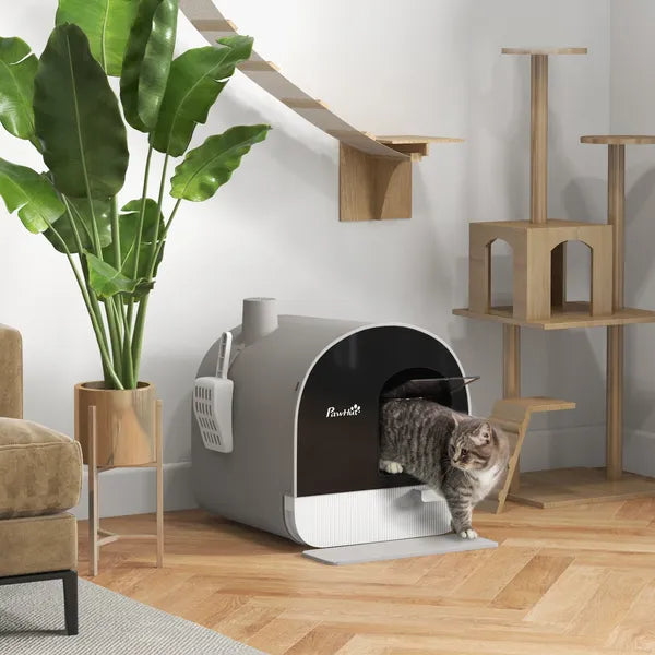 PawHut Covered Cat Litter Box, for Indoor use, with Tray, Scoop, Filter, 17"x17"x18.5", Light Gray - product image 2