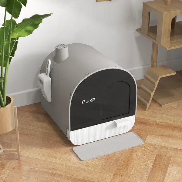 PawHut Covered Cat Litter Box, for Indoor use, with Tray, Scoop, Filter, 17"x17"x18.5", Light Gray - product image 9