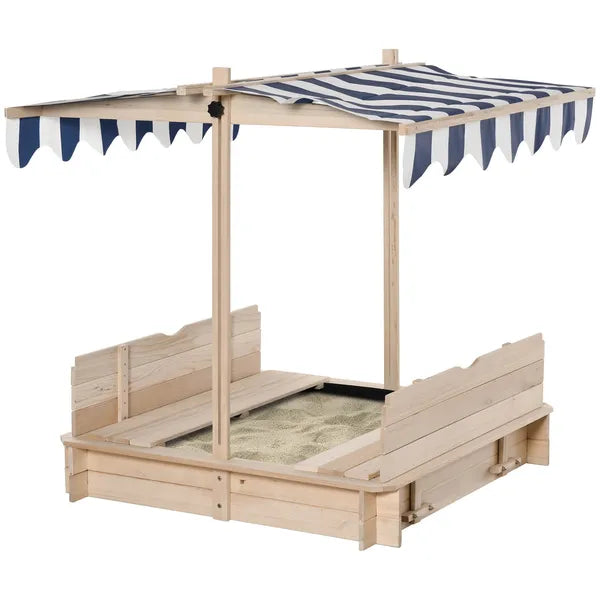 Outsunny Covered Wooden Sandbox with Adjustable Canopy, Convertible Bench Seat, and Backrests, Bottom Liner, Natural Blue - product image 1