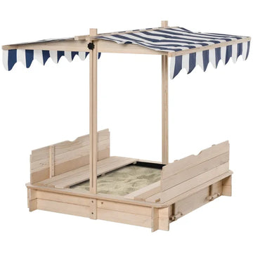 Outsunny Covered Wooden Sandbox with Adjustable Canopy, Convertible Bench Seat, and Backrests, Bottom Liner, Natural Blue - product image 1
