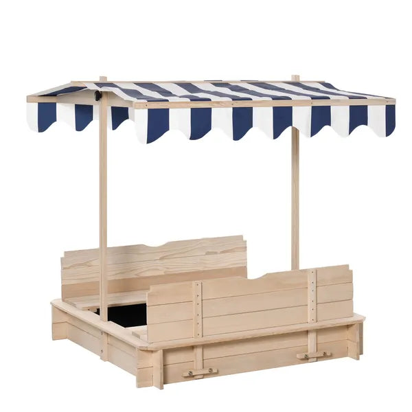 Outsunny Covered Wooden Sandbox with Adjustable Canopy, Convertible Bench Seat, and Backrests, Bottom Liner, Natural Blue - product image 16
