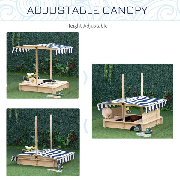 Outsunny Covered Wooden Sandbox with Adjustable Canopy, Convertible Bench Seat, and Backrests, Bottom Liner, Natural Blue - product image 7