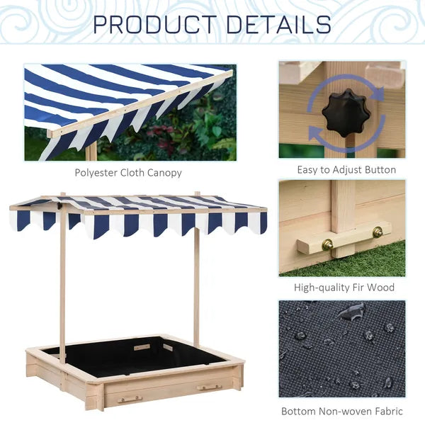 Outsunny Covered Wooden Sandbox with Adjustable Canopy, Convertible Bench Seat, and Backrests, Bottom Liner, Natural Blue - product image 8