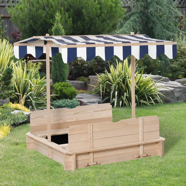 Outsunny Covered Wooden Sandbox with Adjustable Canopy, Convertible Bench Seat, and Backrests, Bottom Liner, Natural Blue - product image 15