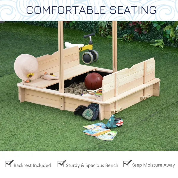 Outsunny Covered Wooden Sandbox with Adjustable Canopy, Convertible Bench Seat, and Backrests, Bottom Liner, Natural Blue - product image 6