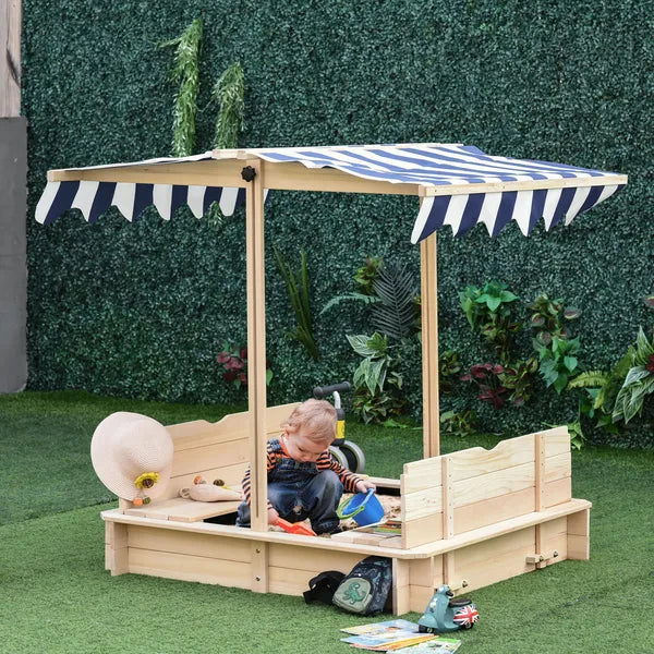 Outsunny Covered Wooden Sandbox with Adjustable Canopy, Convertible Bench Seat, and Backrests, Bottom Liner, Natural Blue - product image 2