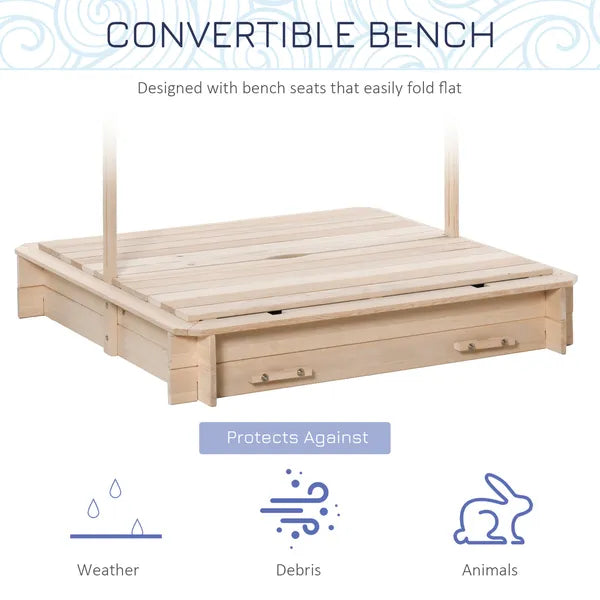 Outsunny Covered Wooden Sandbox with Adjustable Canopy, Convertible Bench Seat, and Backrests, Bottom Liner, Natural Blue - product image 5