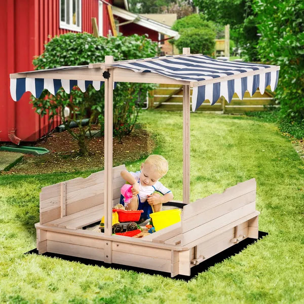 Outsunny Covered Wooden Sandbox with Adjustable Canopy, Convertible Bench Seat, and Backrests, Bottom Liner, Natural Blue - product image 12