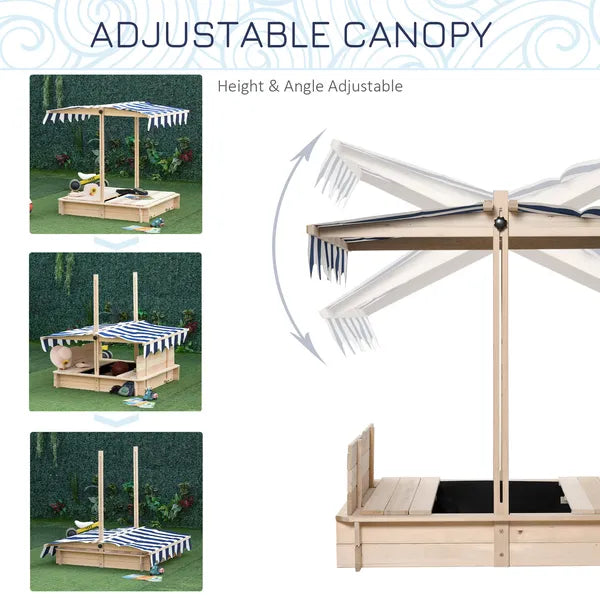 Outsunny Covered Wooden Sandbox with Adjustable Canopy, Convertible Bench Seat, and Backrests, Bottom Liner, Natural Blue - product image 4