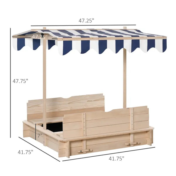 Outsunny Covered Wooden Sandbox with Adjustable Canopy, Convertible Bench Seat, and Backrests, Bottom Liner, Natural Blue - product image 3