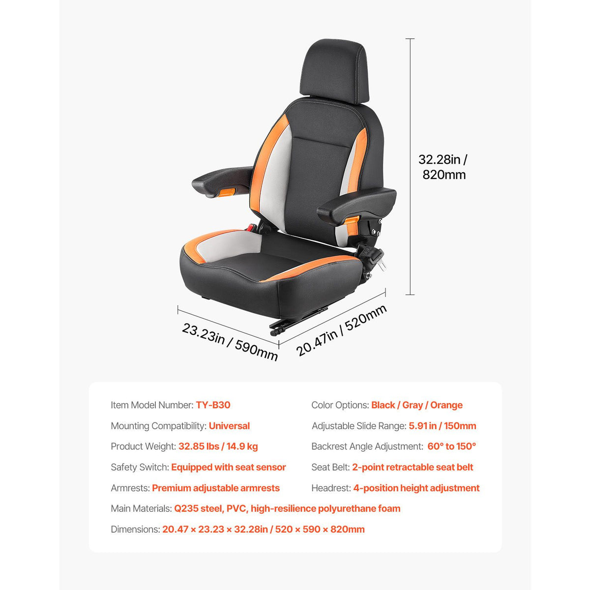 VEVOR Universal Forklift & Tractor Seat with Armrests and Headrest