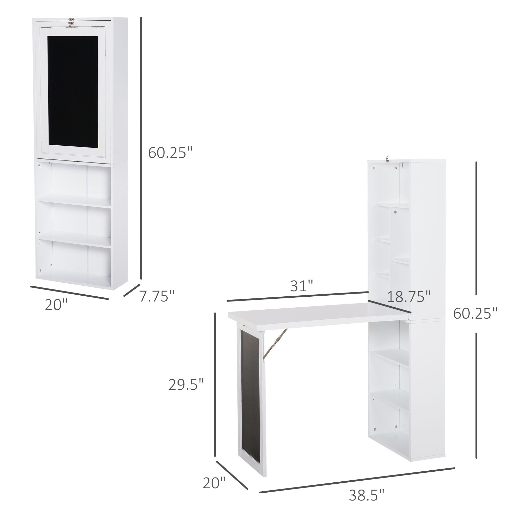 HOMCOM Fold-Down Wall-Mounted Writing Desk with Blackboard and Shelf, White