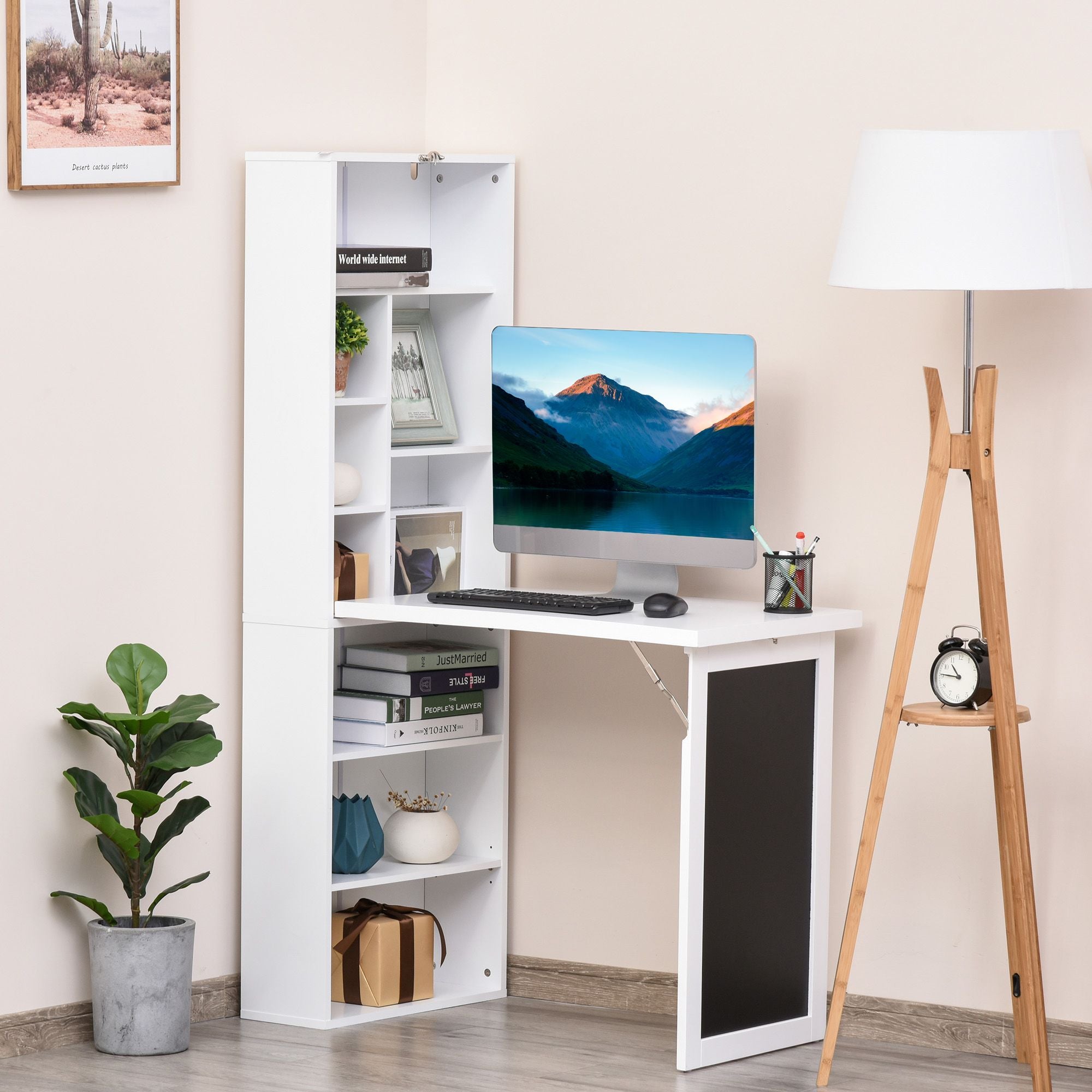 HOMCOM Fold-Down Wall-Mounted Writing Desk with Blackboard and Shelf, White