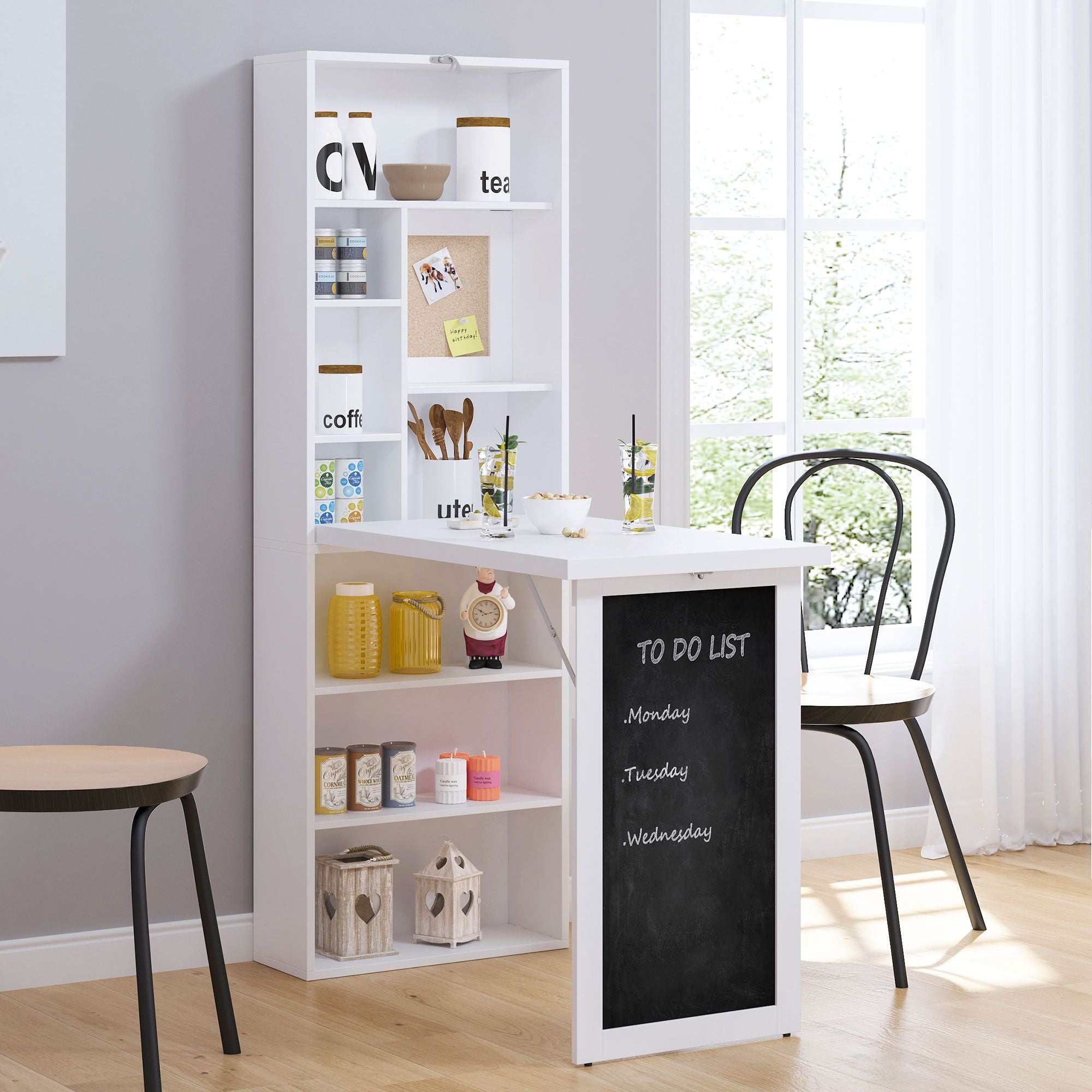 HOMCOM Fold-Down Wall-Mounted Writing Desk with Blackboard and Shelf, White