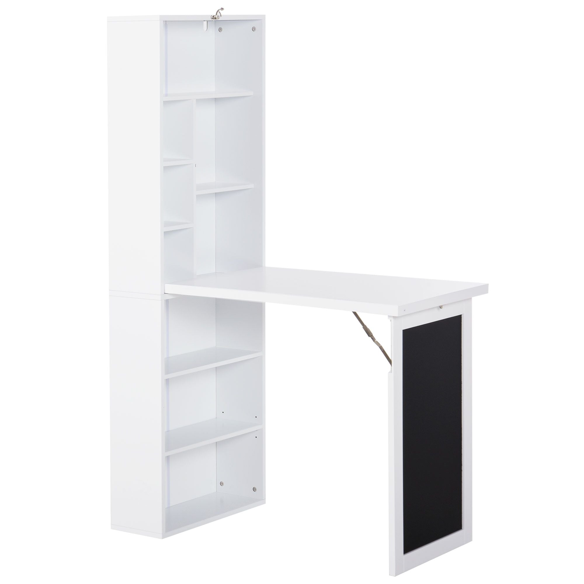 HOMCOM Fold-Down Wall-Mounted Writing Desk with Blackboard and Shelf, White