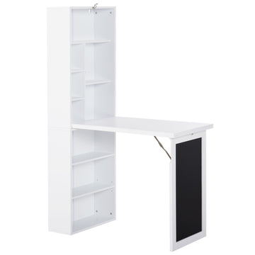 HOMCOM Fold-Down Wall-Mounted Writing Desk with Blackboard and Shelf, White