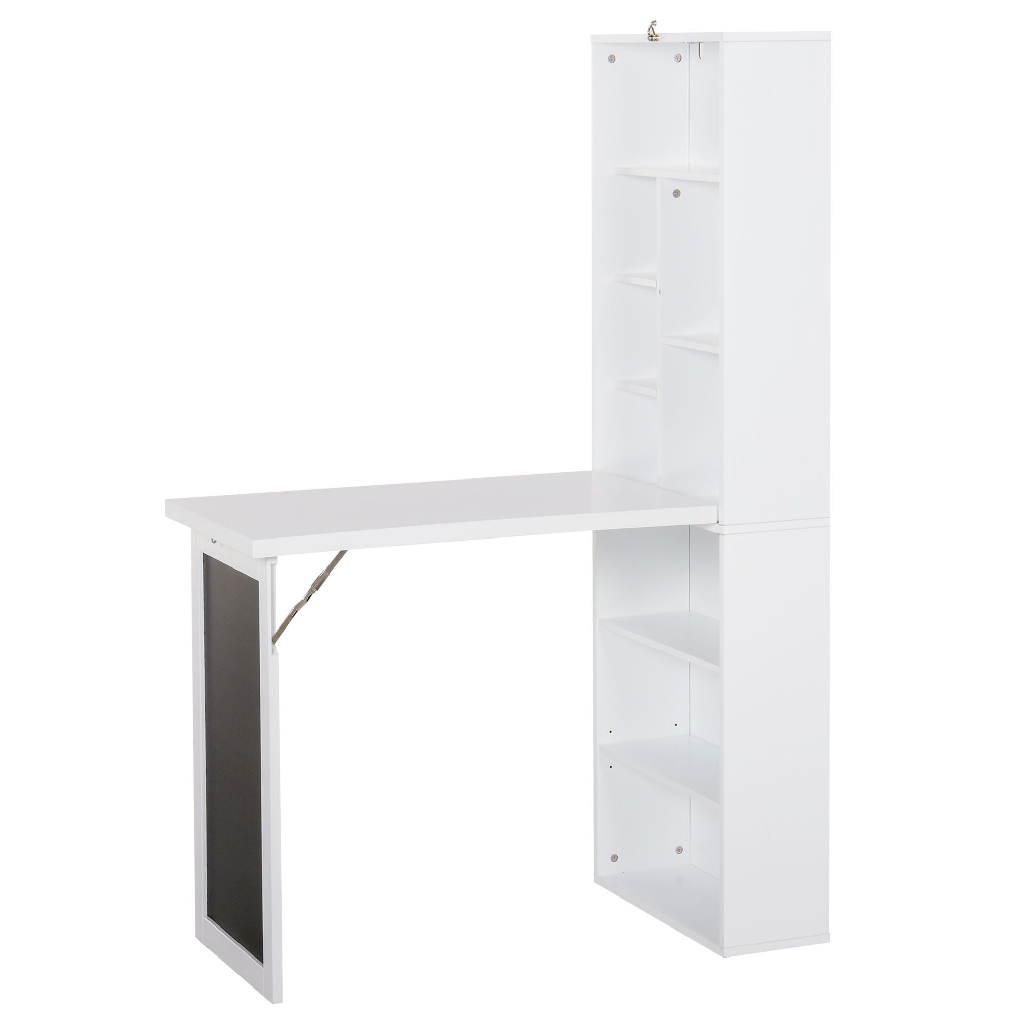 HOMCOM Fold-Down Wall-Mounted Writing Desk with Blackboard and Shelf, White