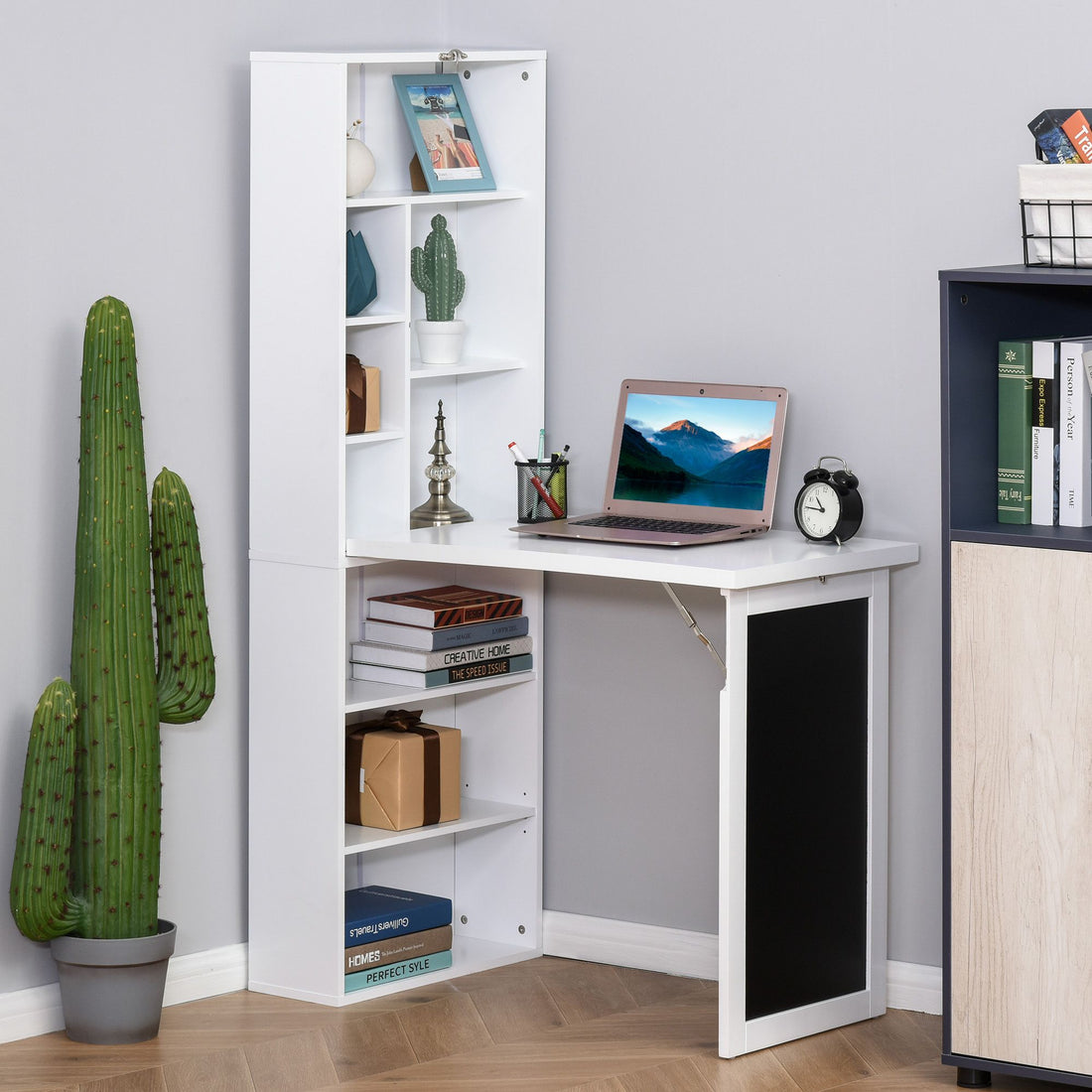 HOMCOM Fold-Down Wall-Mounted Writing Desk with Blackboard and Shelf, White