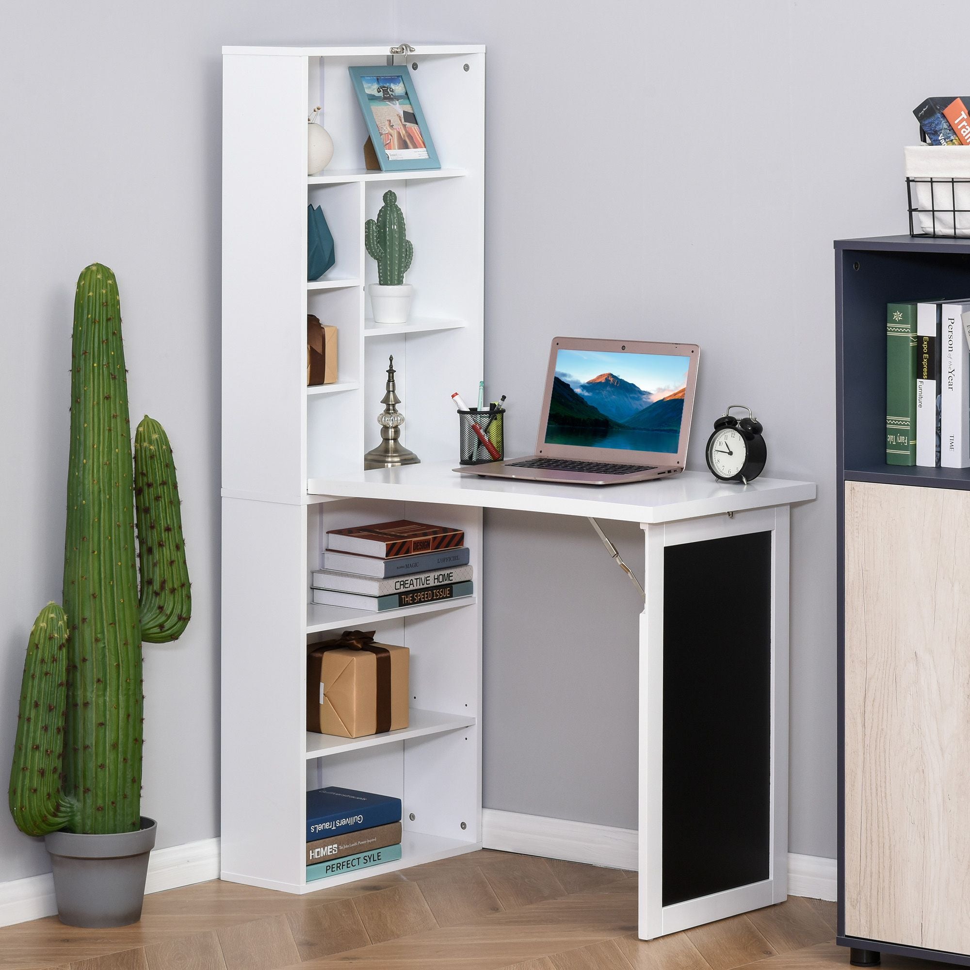 HOMCOM Fold-Down Wall-Mounted Writing Desk with Blackboard and Shelf, White
