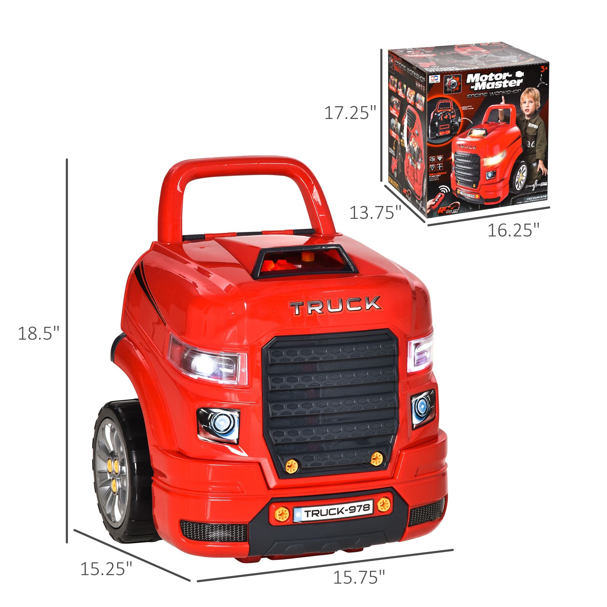 Qaba Kids Truck Engine Mechanic Pretend Play Toy Set with RC Key, Red