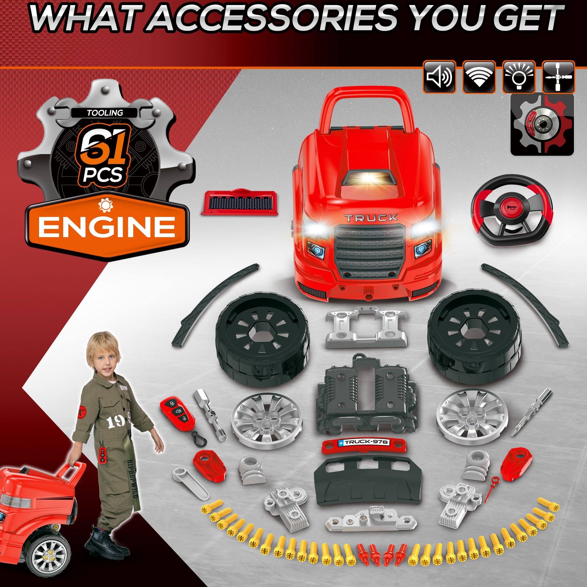 Qaba Kids Truck Engine Mechanic Pretend Play Toy Set with RC Key, Red