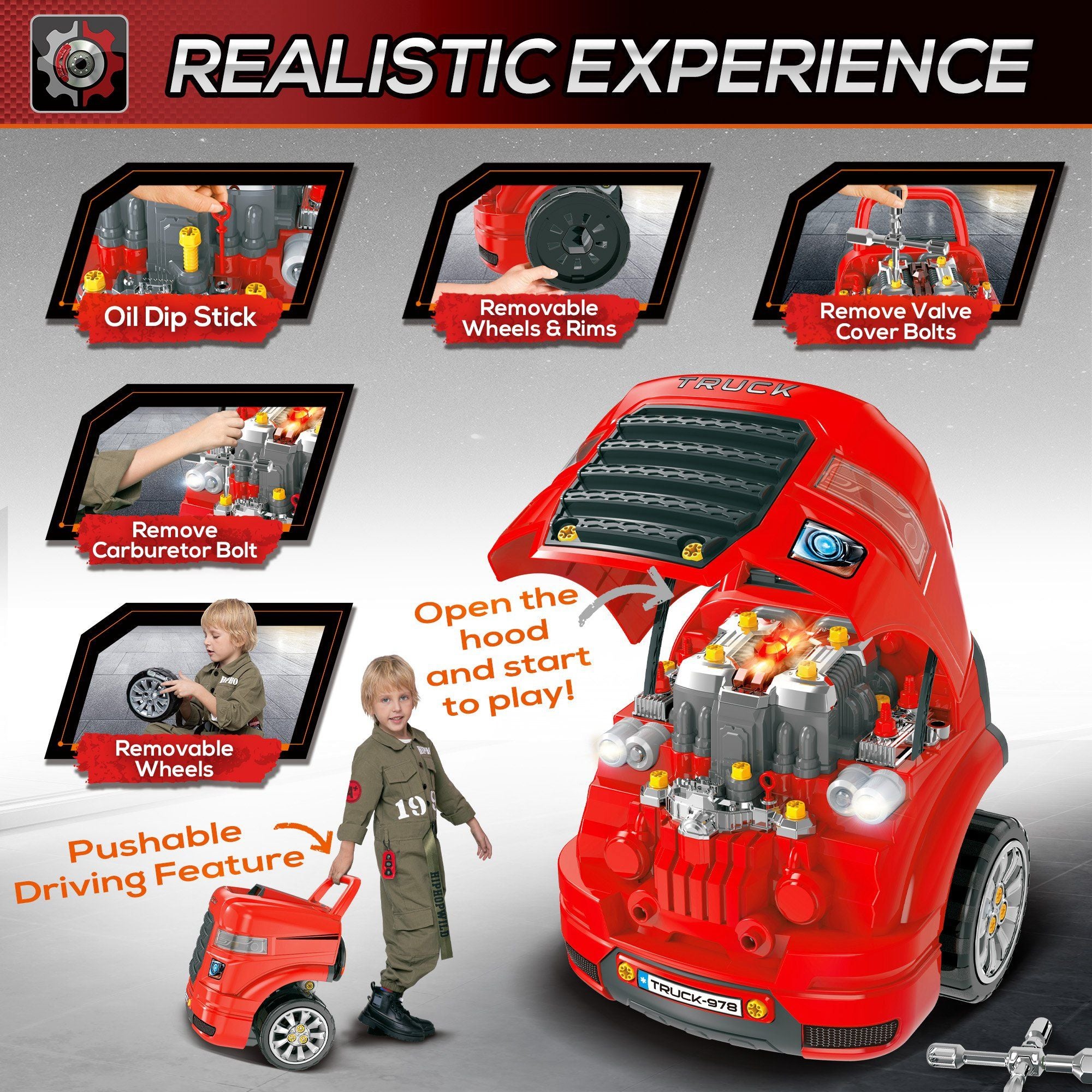 Qaba Kids Truck Engine Mechanic Pretend Play Toy Set with RC Key, Red
