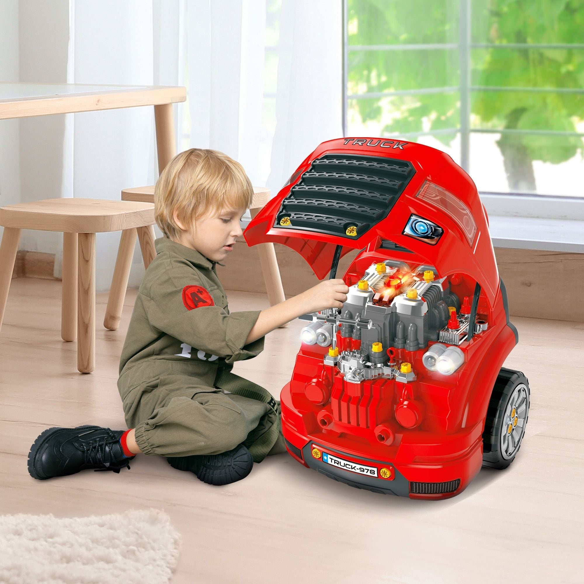 Qaba Kids Truck Engine Mechanic Pretend Play Toy Set with RC Key, Red