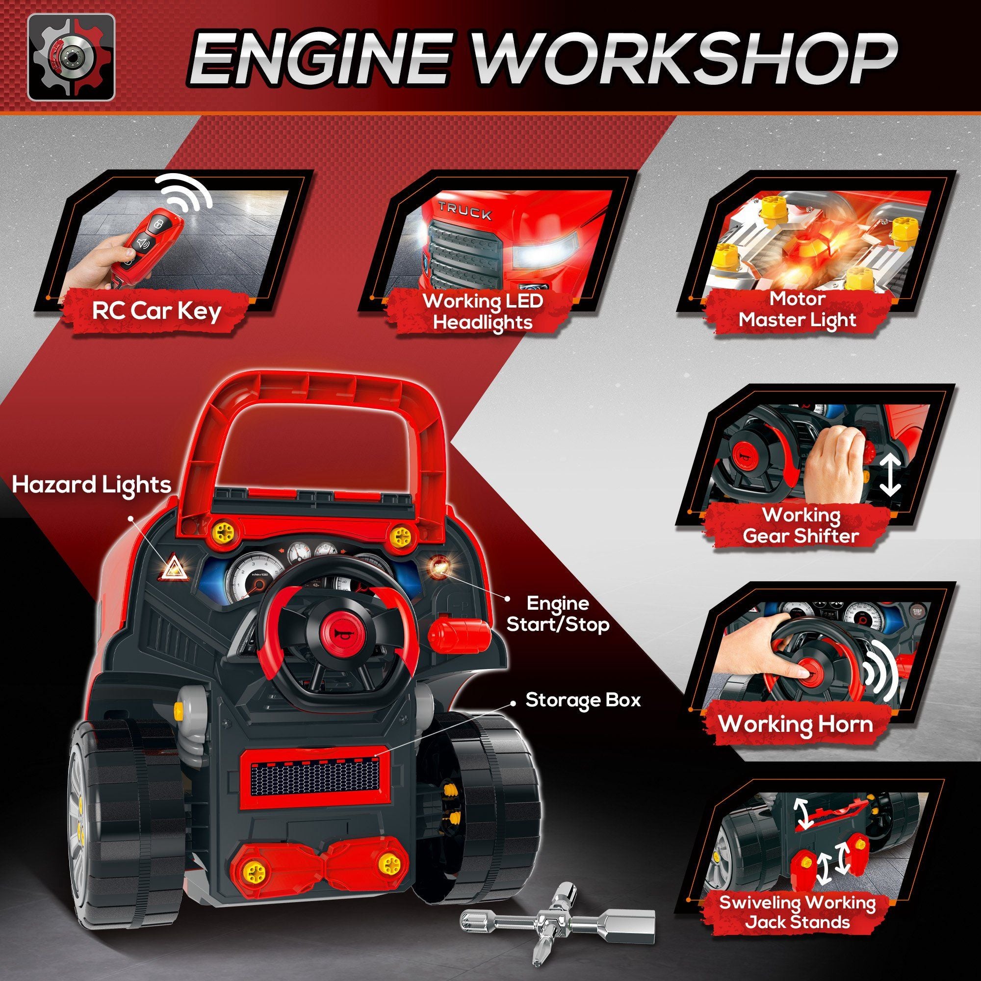 Qaba Kids Truck Engine Mechanic Pretend Play Toy Set with RC Key, Red