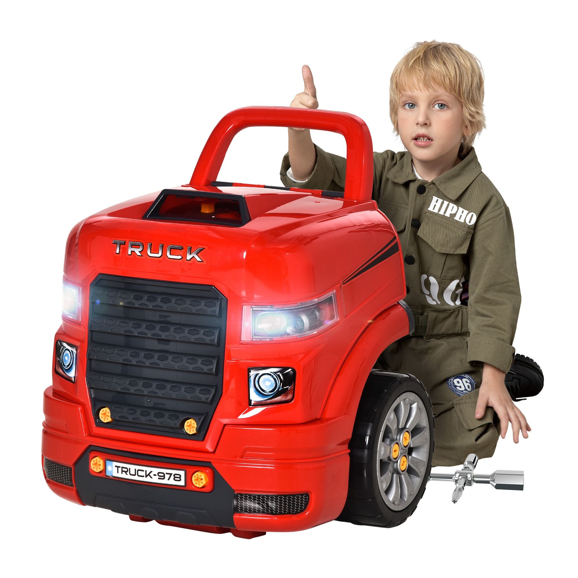 Qaba Kids Truck Engine Mechanic Pretend Play Toy Set with RC Key, Red
