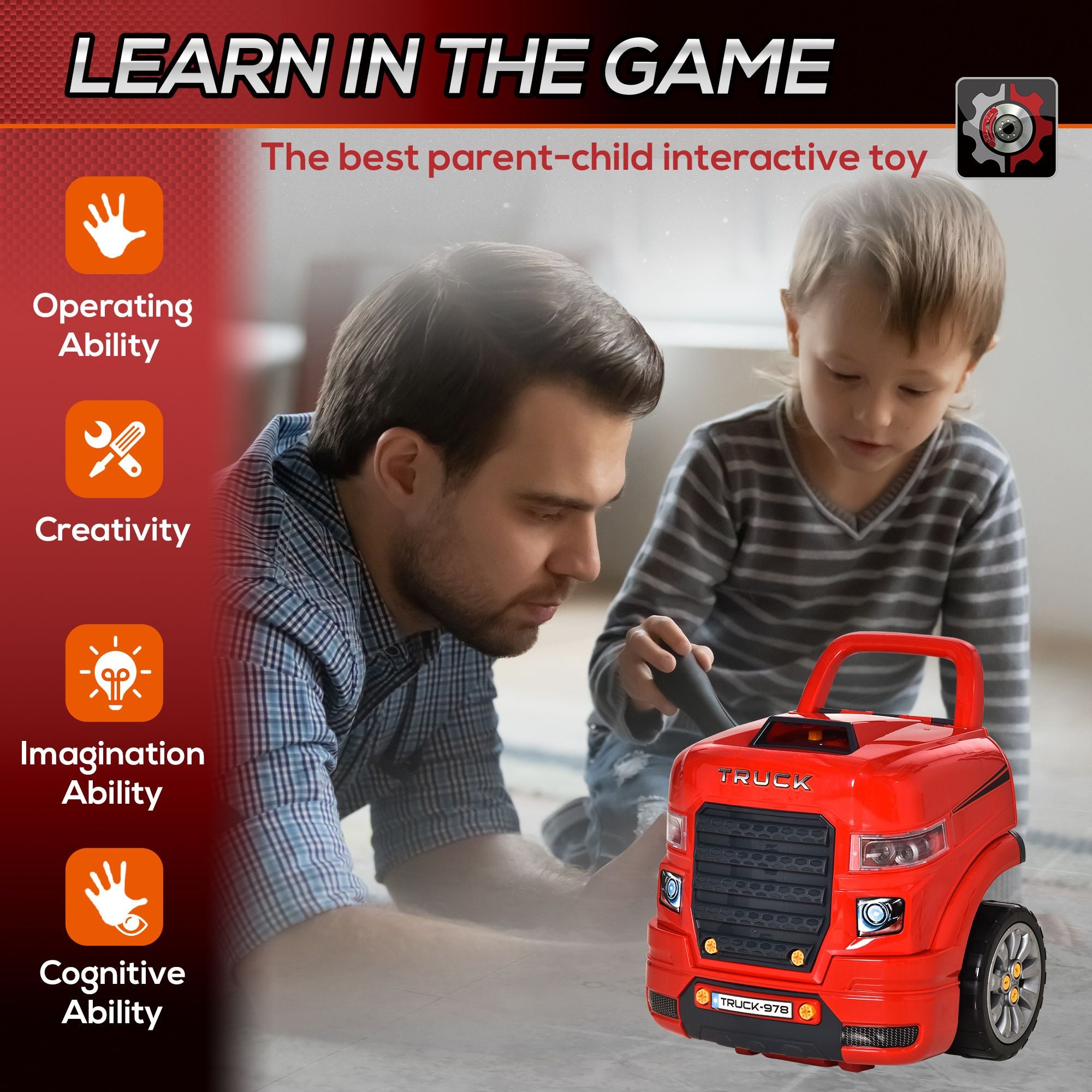 Qaba Kids Truck Engine Mechanic Pretend Play Toy Set with RC Key, Red