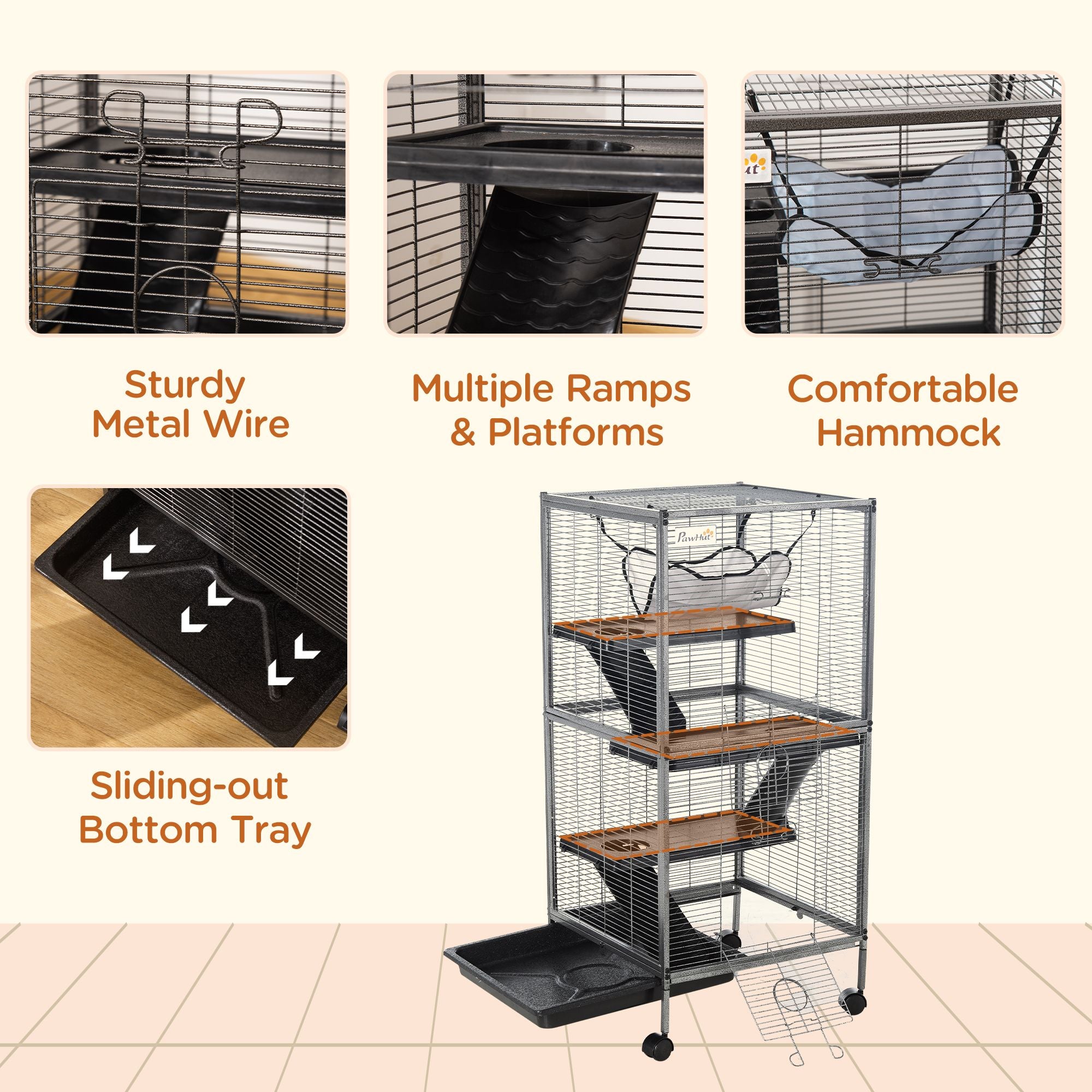 PawHut 4-Tier Small Animal Cage with Hammock and Removable Tray, Gray - product view 6