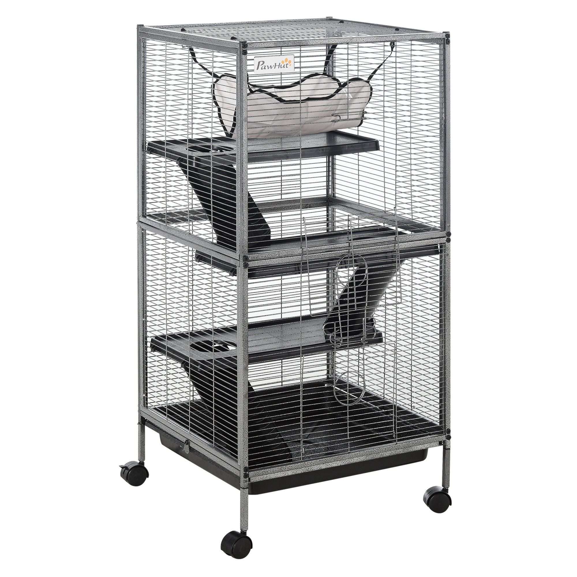 PawHut 4-Tier Small Animal Cage with Hammock and Removable Tray, Gray