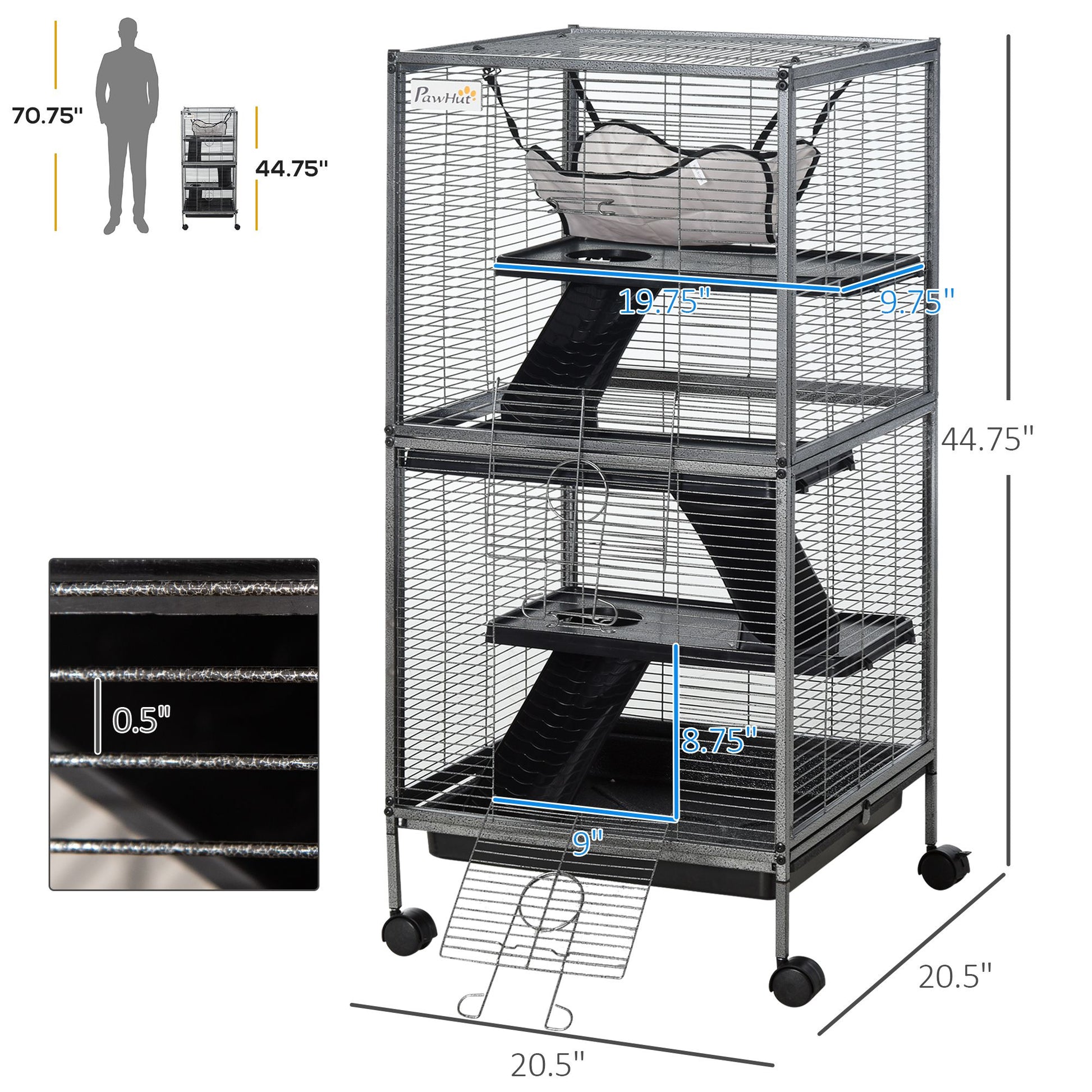 PawHut 4-Tier Small Animal Cage with Hammock and Removable Tray, Gray - product view 3