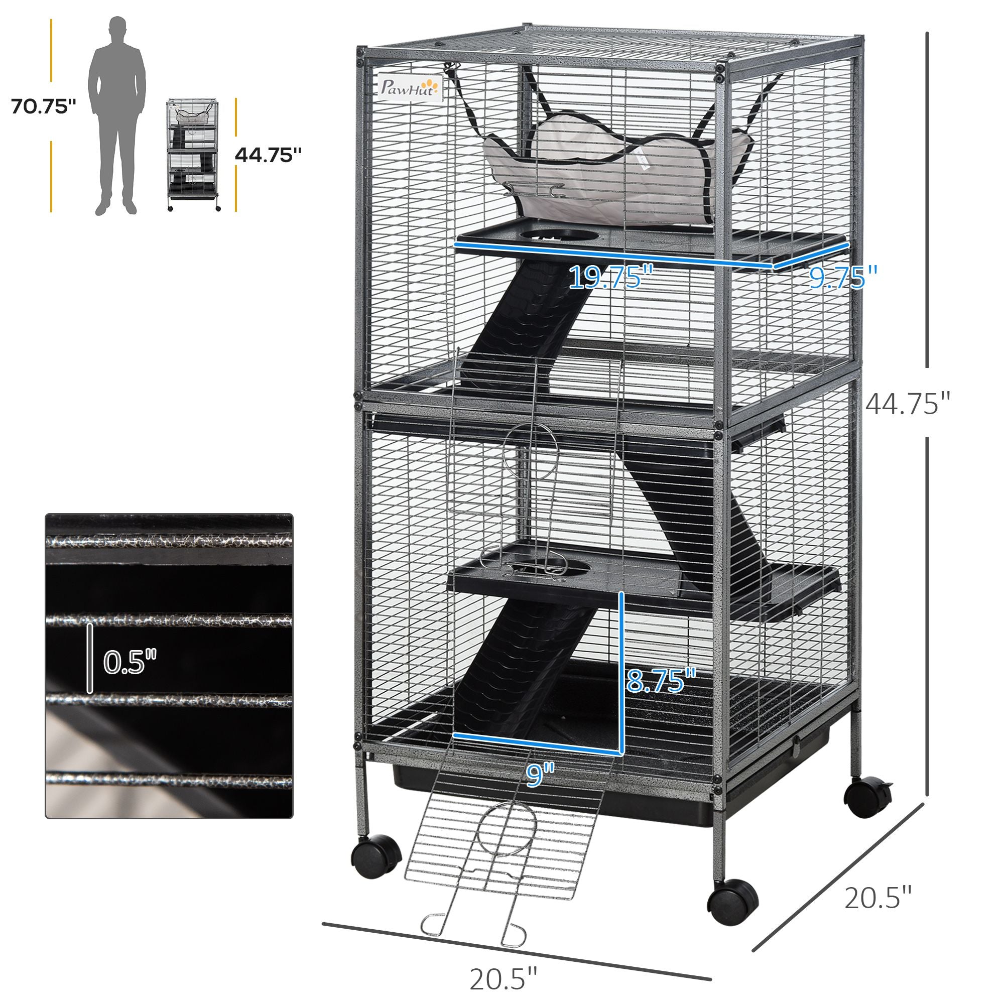 PawHut 4-Tier Small Animal Cage with Hammock and Removable Tray, Gray - product view 3