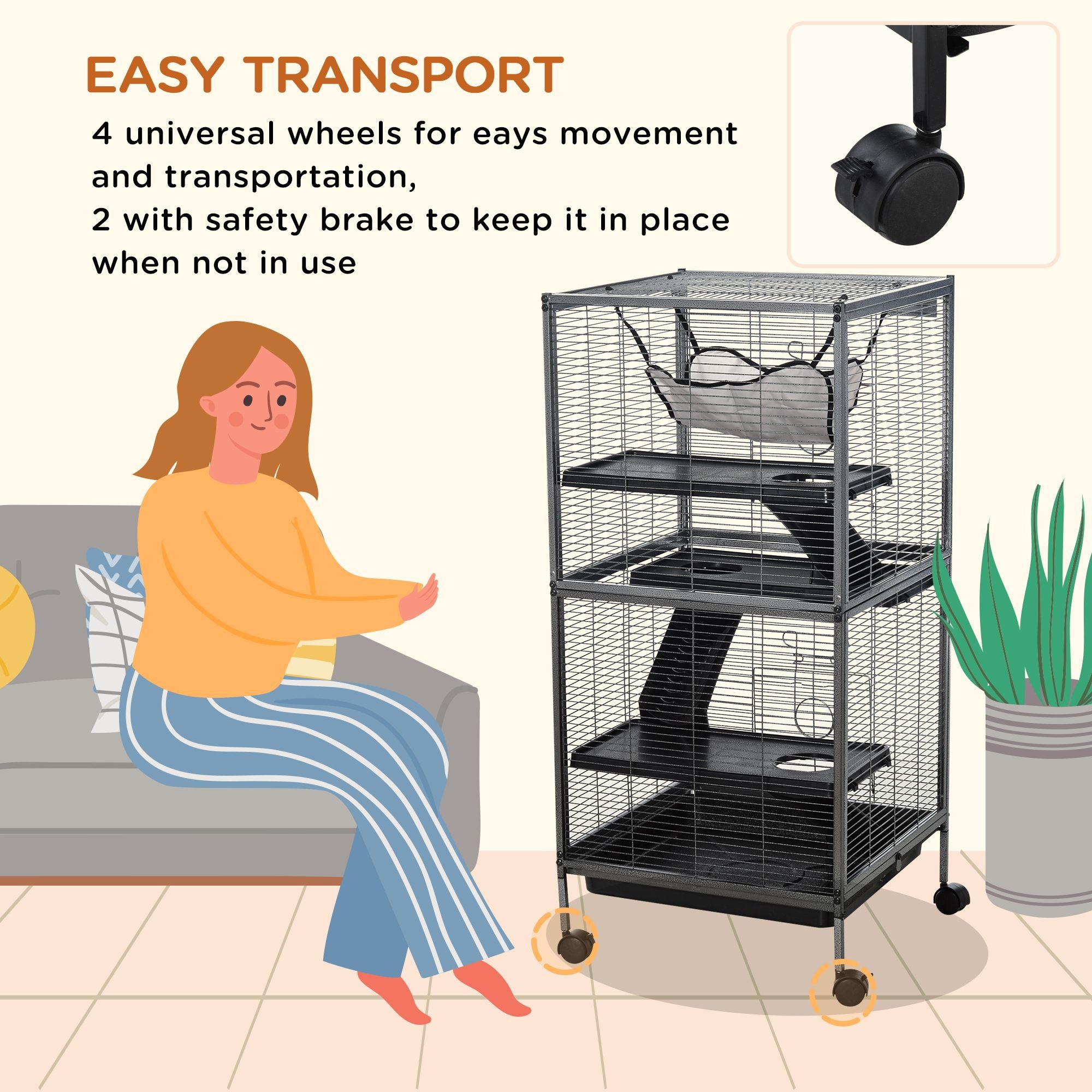 PawHut 4-Tier Small Animal Cage with Hammock and Removable Tray, Gray - product view 5