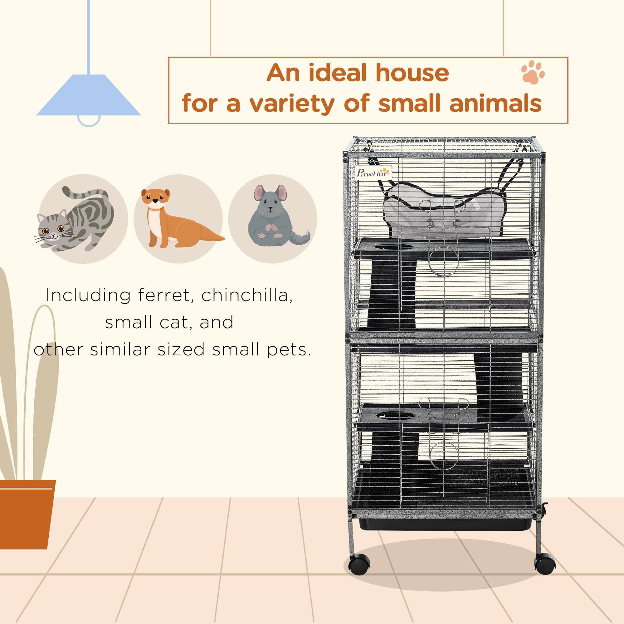PawHut 4-Tier Small Animal Cage with Hammock and Removable Tray, Gray - product view 4