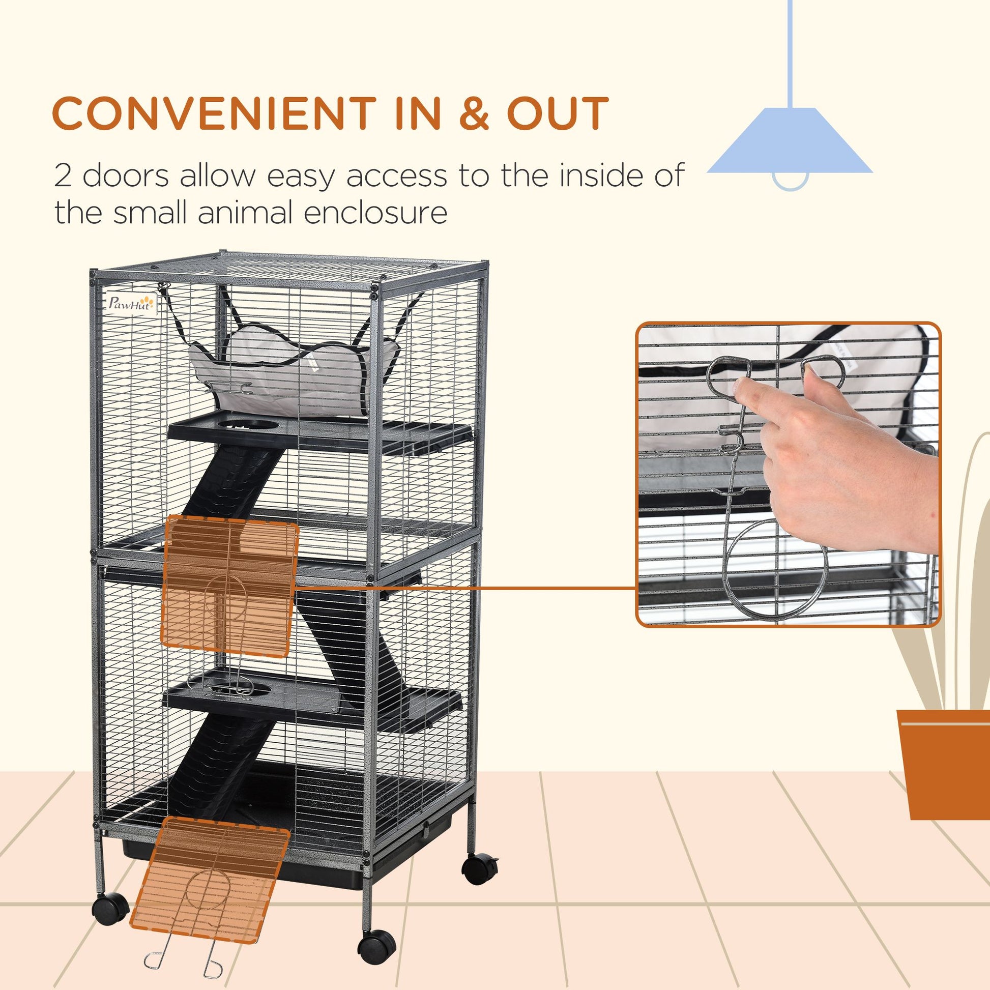 PawHut 4-Tier Small Animal Cage with Hammock and Removable Tray, Gray - product view 7