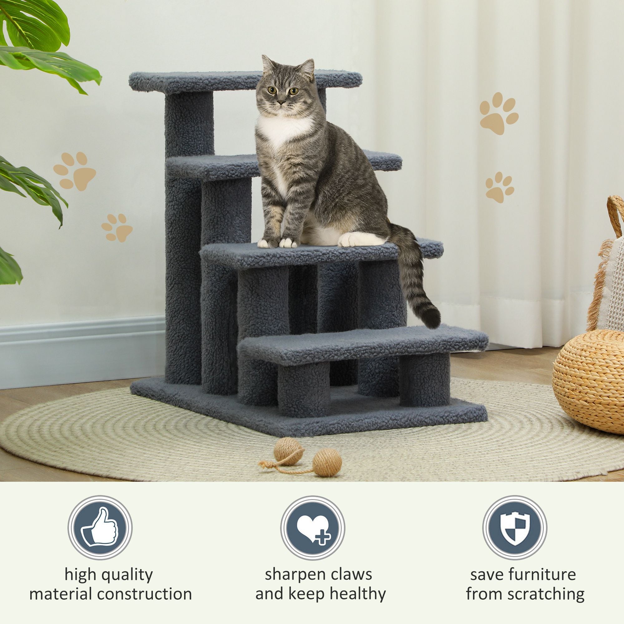 PawHut 25 in 4-Step Cat Scratching Post and Pet Stairs, Gray