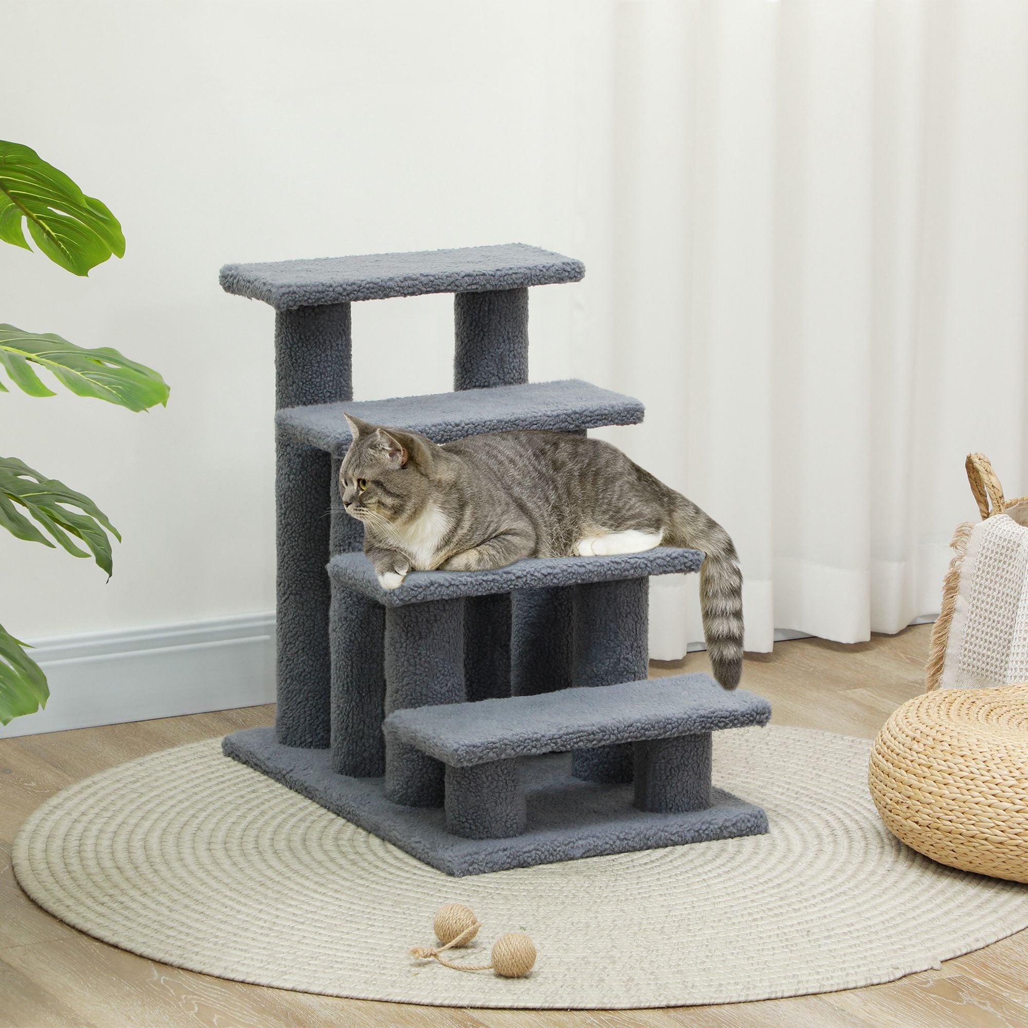 PawHut 25 in 4-Step Cat Scratching Post and Pet Stairs, Gray