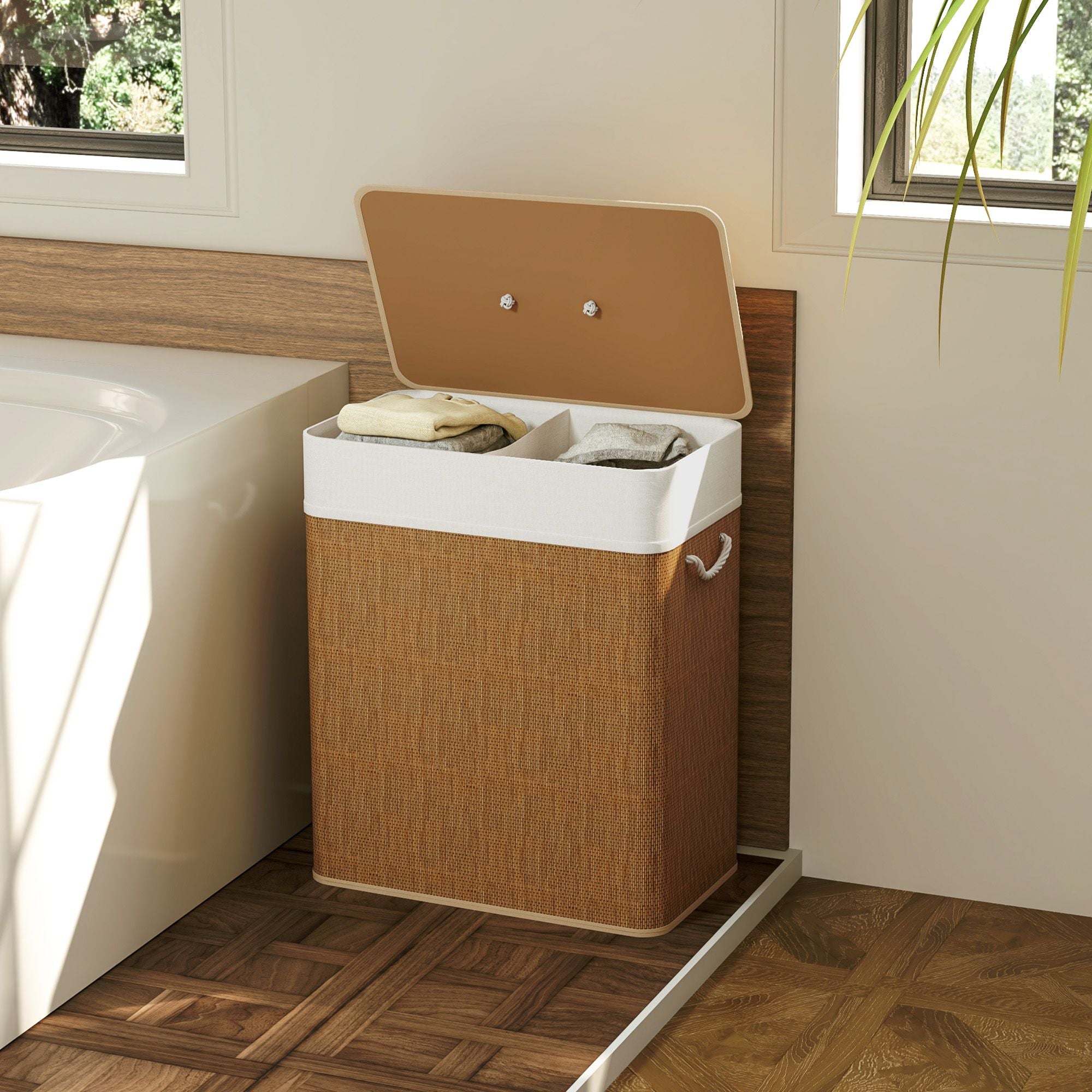 HOMCOM Double Laundry Hamper with Lid and Removable Liners, Brown - product view 8