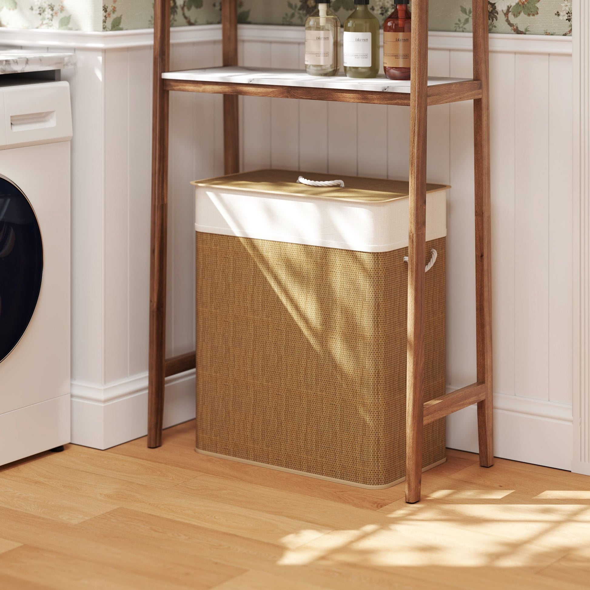 HOMCOM Double Laundry Hamper with Lid and Removable Liners, Brown - product view 2