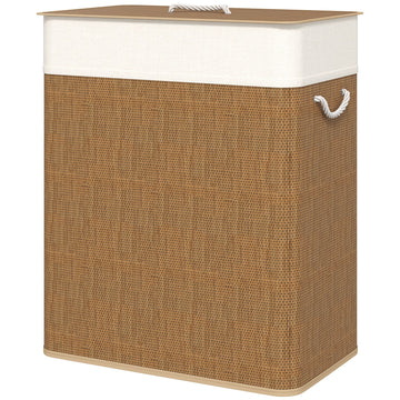 HOMCOM Double Laundry Hamper with Lid and Removable Liners, Brown - product view 1