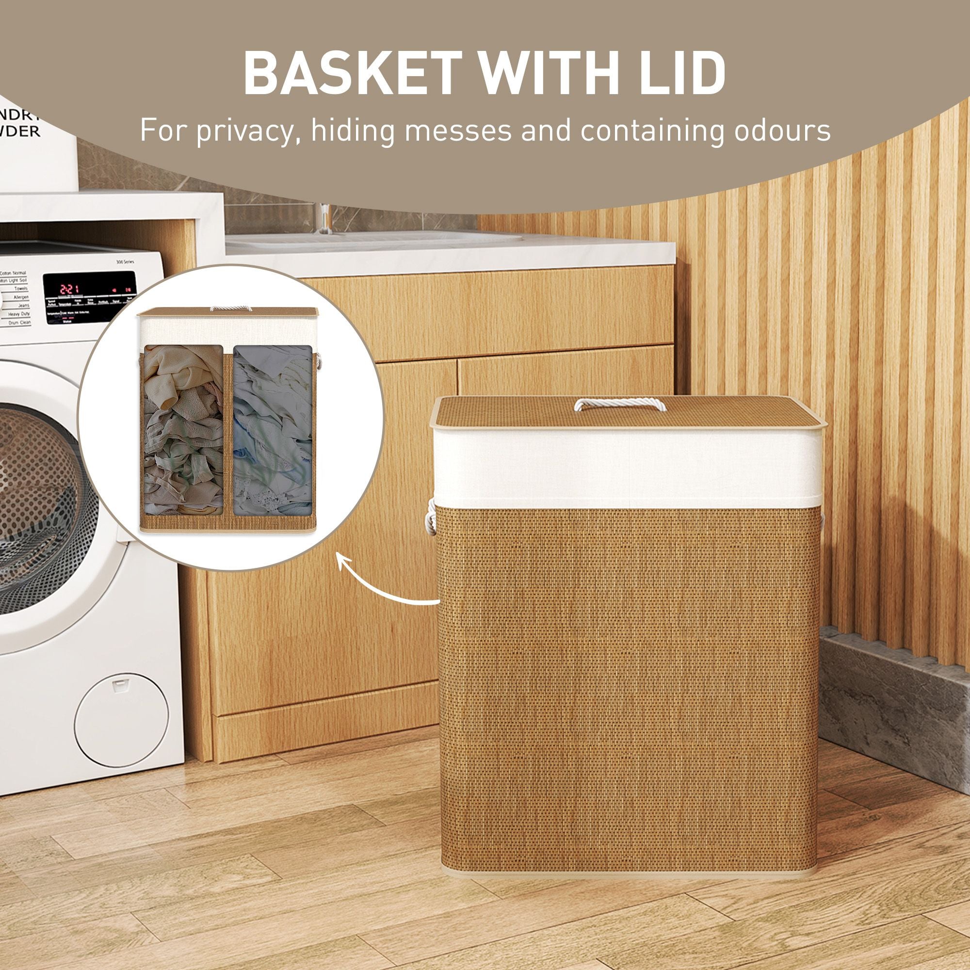 HOMCOM Double Laundry Hamper with Lid and Removable Liners, Brown - product view 5