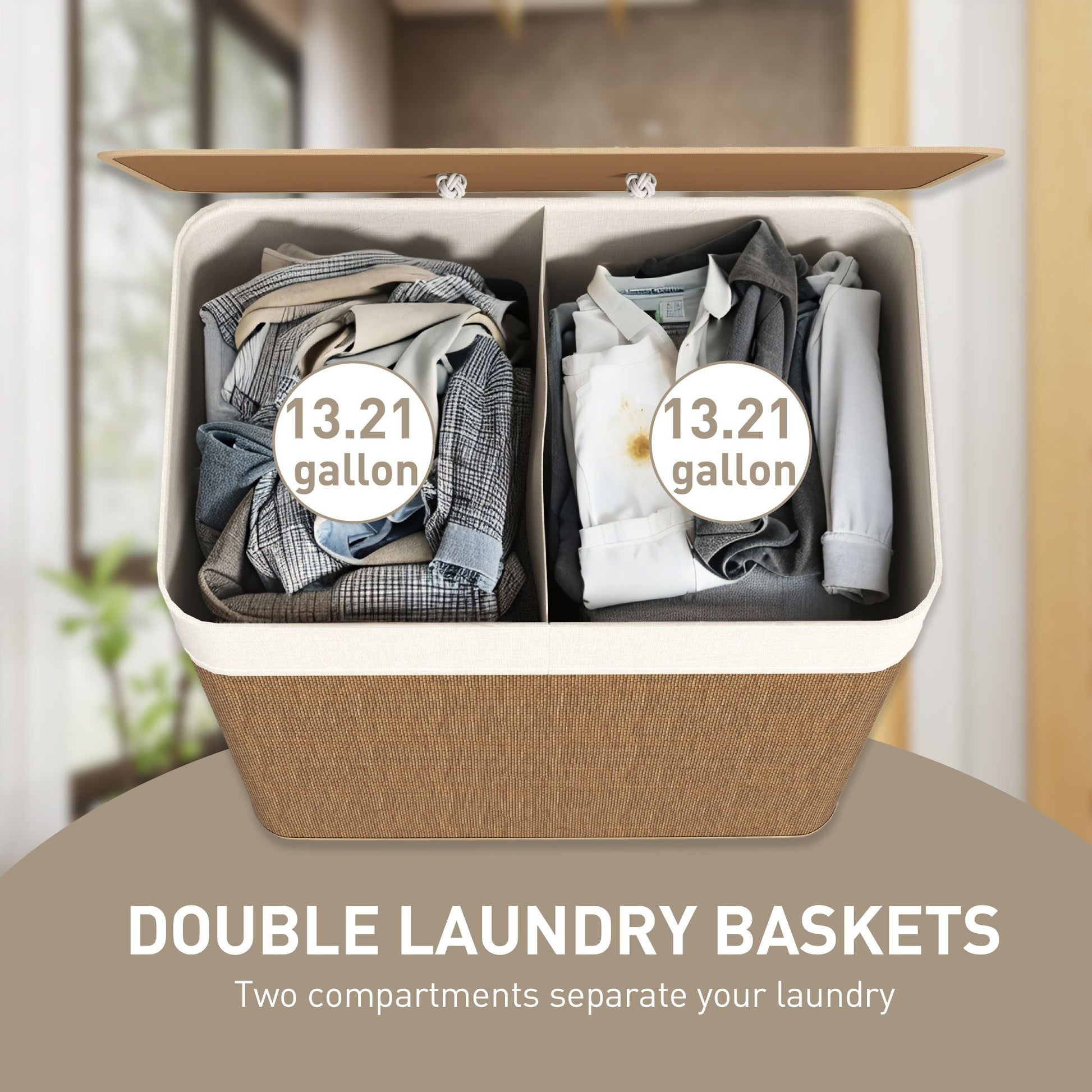 HOMCOM Double Laundry Hamper with Lid and Removable Liners, Brown - product view 4