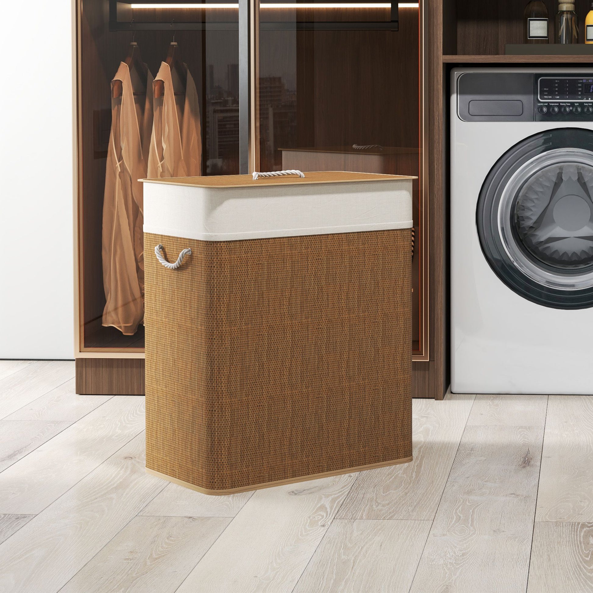 HOMCOM Double Laundry Hamper with Lid and Removable Liners, Brown - product view 10
